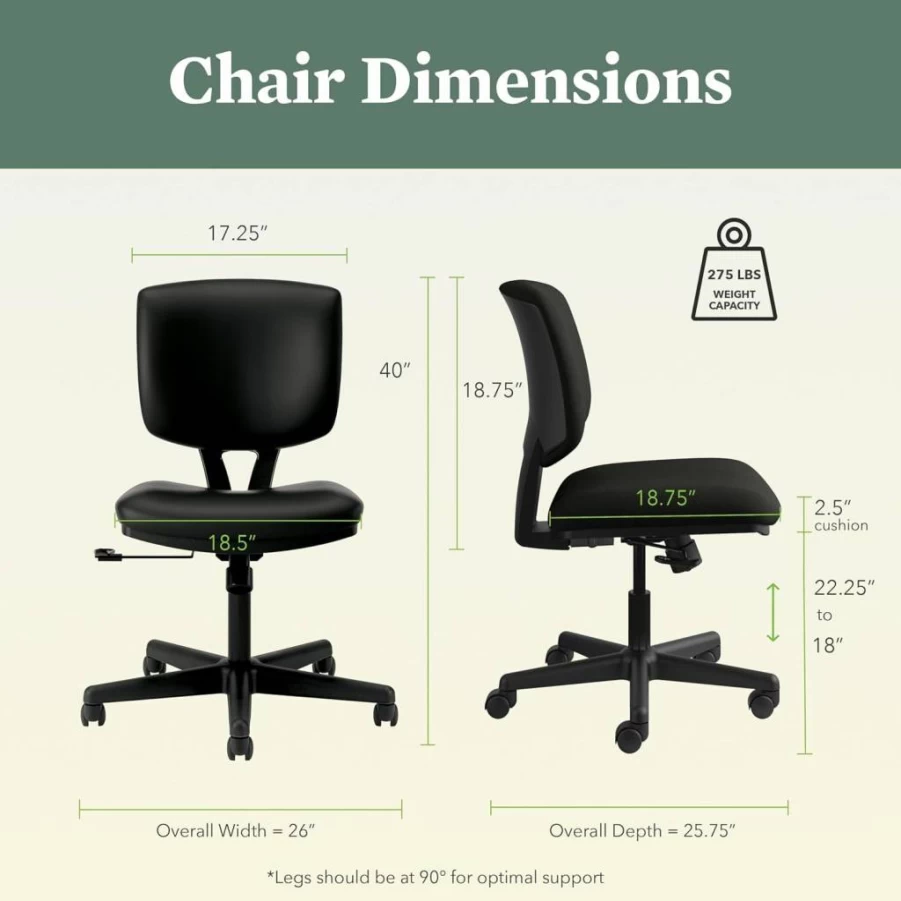 HON Volt Ergonomic Office Chair - Adjustable Tilt Recline, Fabric Swivel Task Chair, Armless Desk Chair in Black