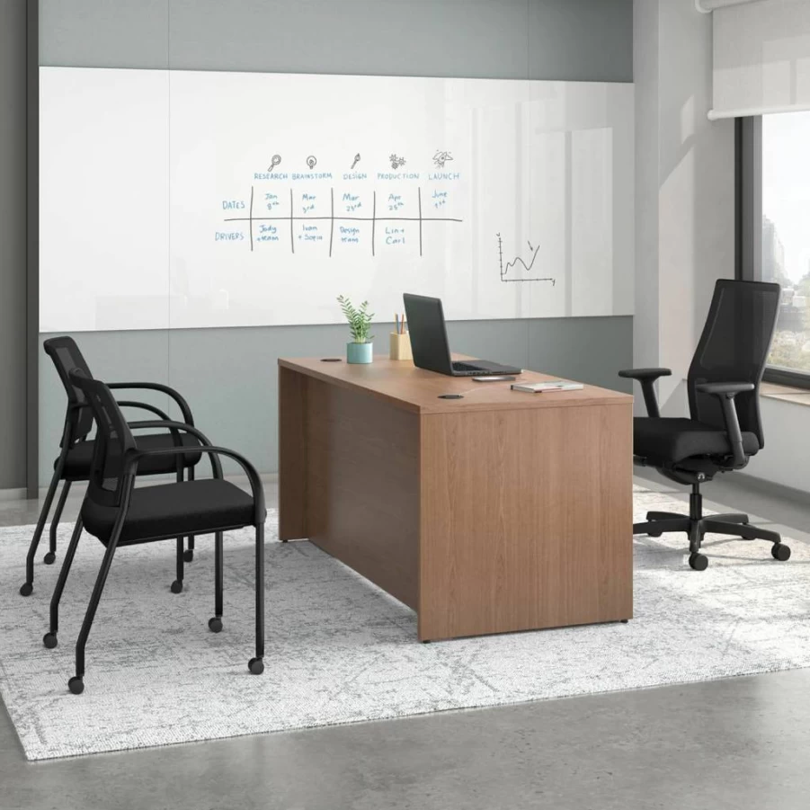 HON Modern Executive Office Desk 60" Wide with Drawers & Double Pedestals, Walnut Computer Desk for Home Office