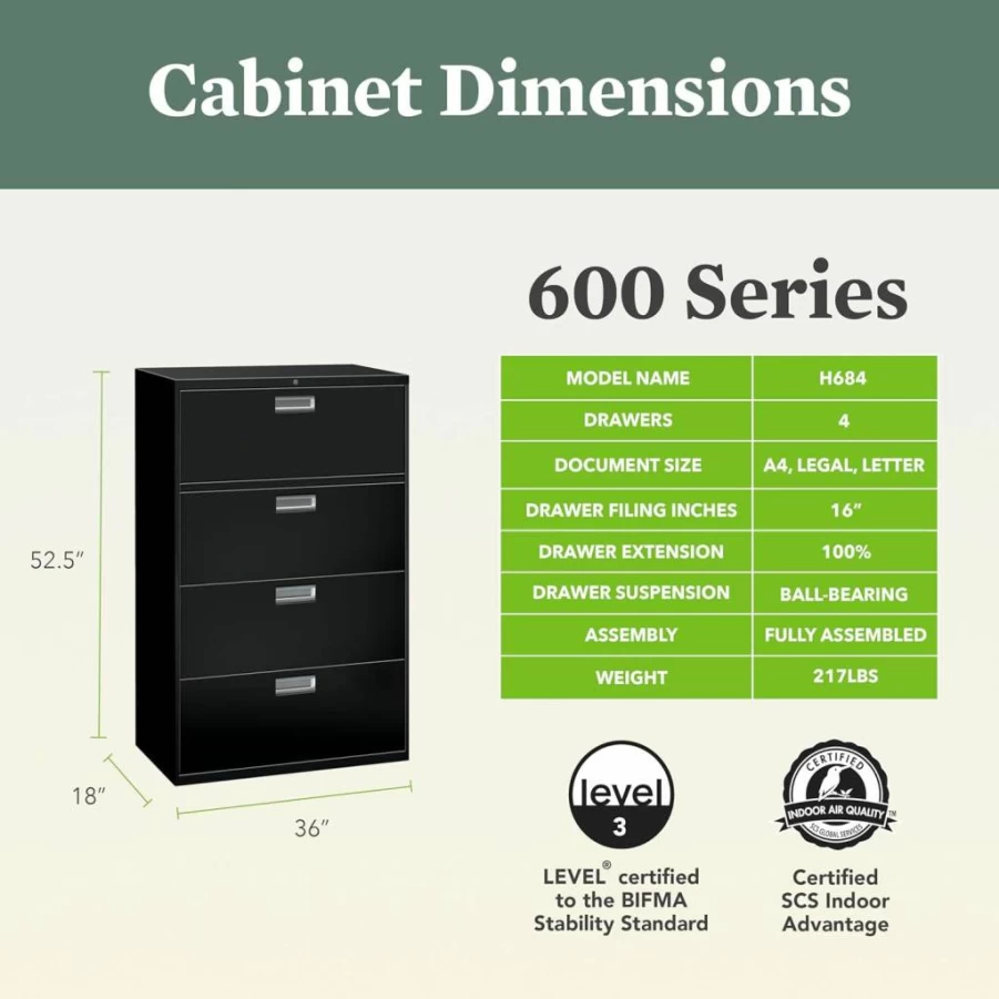 HON 3-Drawer Lockable Lateral File Cabinet - 18" Deep Black Metal Office Storage for A4, Legal, Letter Files with Adjustable Hangrails
