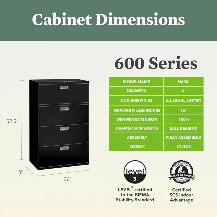 HON 2-Drawer Lockable Black Lateral File Cabinet, 18" Deep Metal Office Storage for Hanging Files & Under Desk