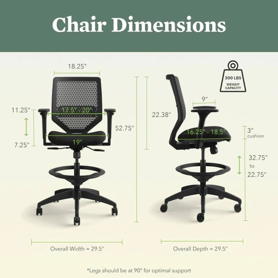 HON Solve Ergonomic Standing Desk Chair with High Back Support, Adjustable Height and Foot Rest for Office Comfort