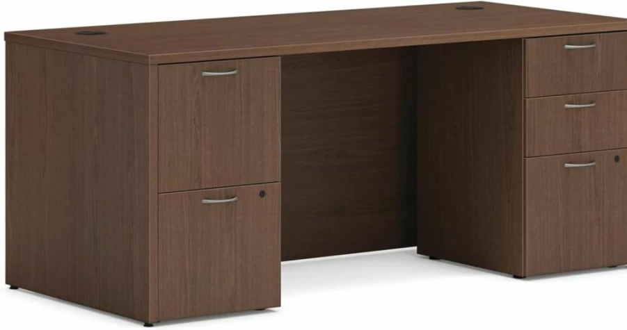 HON Modern 60" Executive Office Desk with Double Drawers, Slate Teak Computer Desk for Home Office, Durable Double Pedestal Workstation