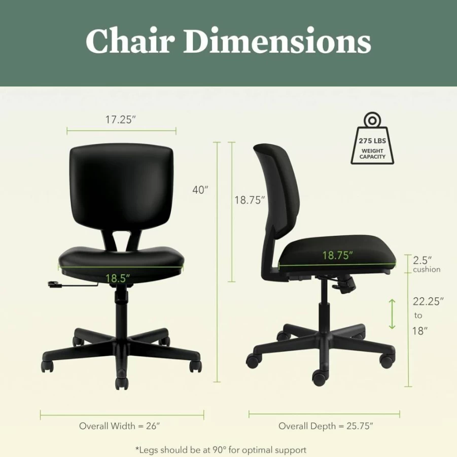 HON Volt Ergonomic Standing Desk Chair with Foot Rest - Armless Reclining Office Chair, Center Tilt Mechanism, Black Fabric