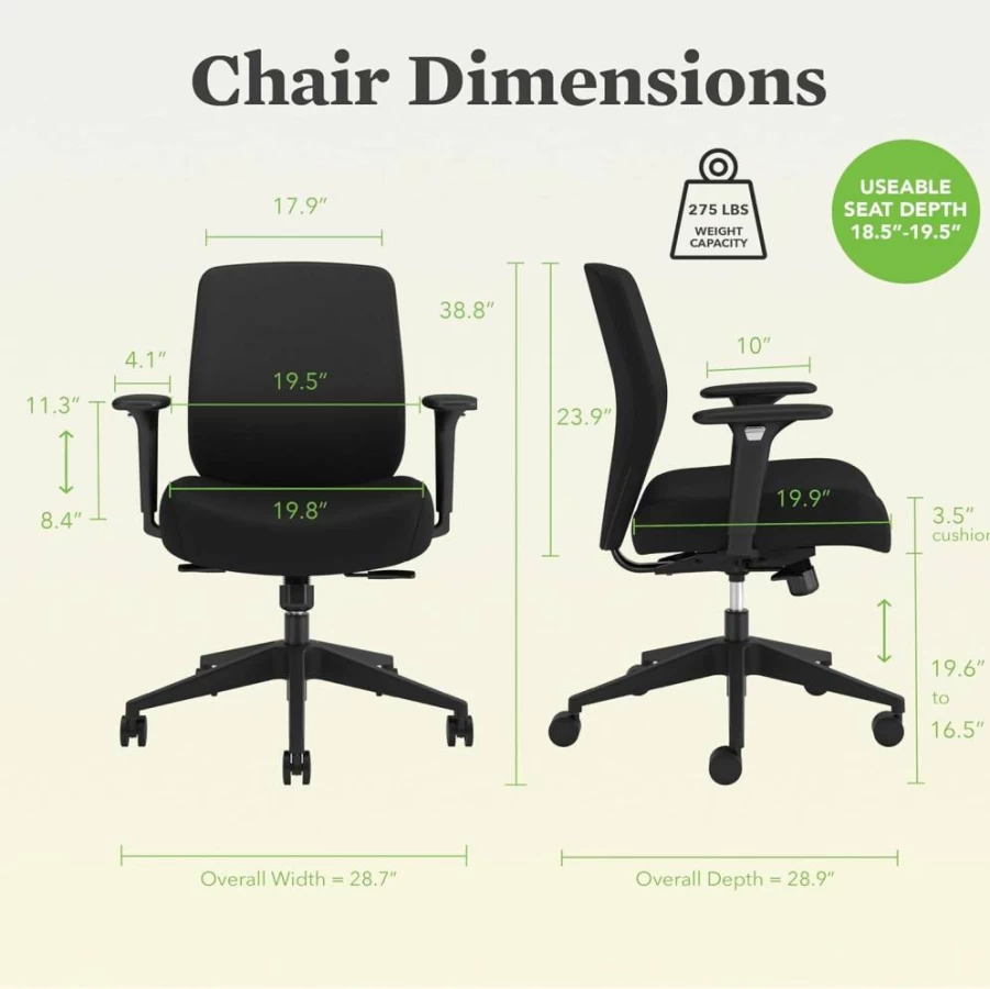 HON Altern Ergonomic Office Chair with 3.5" Thick Foam Seat, Adjustable Arms, Synchro-Tilt Tension, and Seat-Slide Controls - Low Back Upholstered Desk Chair in Black