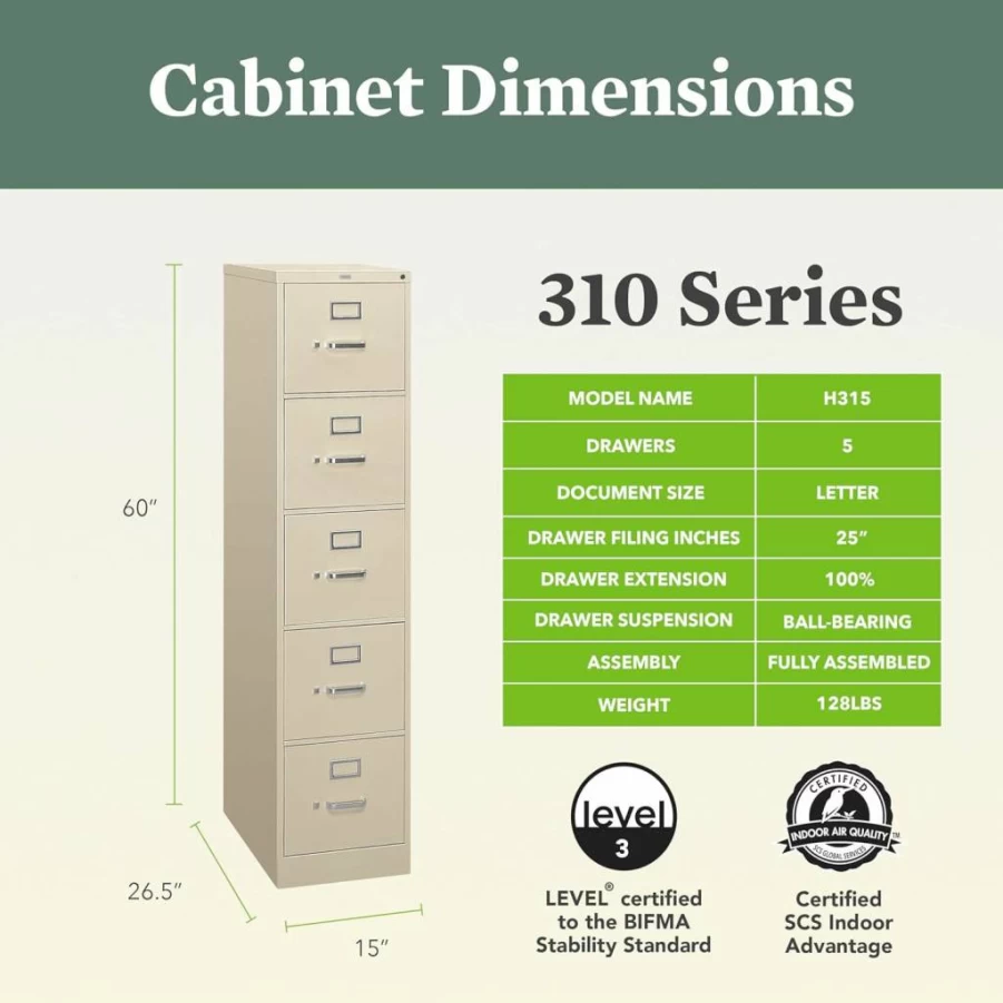 HON 4-Drawer Locking Vertical File Cabinet, 26.5" Deep Metal Filing Cabinet for Letter & Hanging Files, Putty Finish