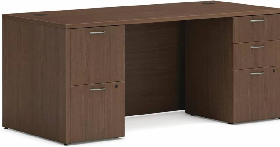 HON Modern 66" Wide Executive Office Desk with Drawers, Double Pedestal Java Oak Computer Desk for Home Office