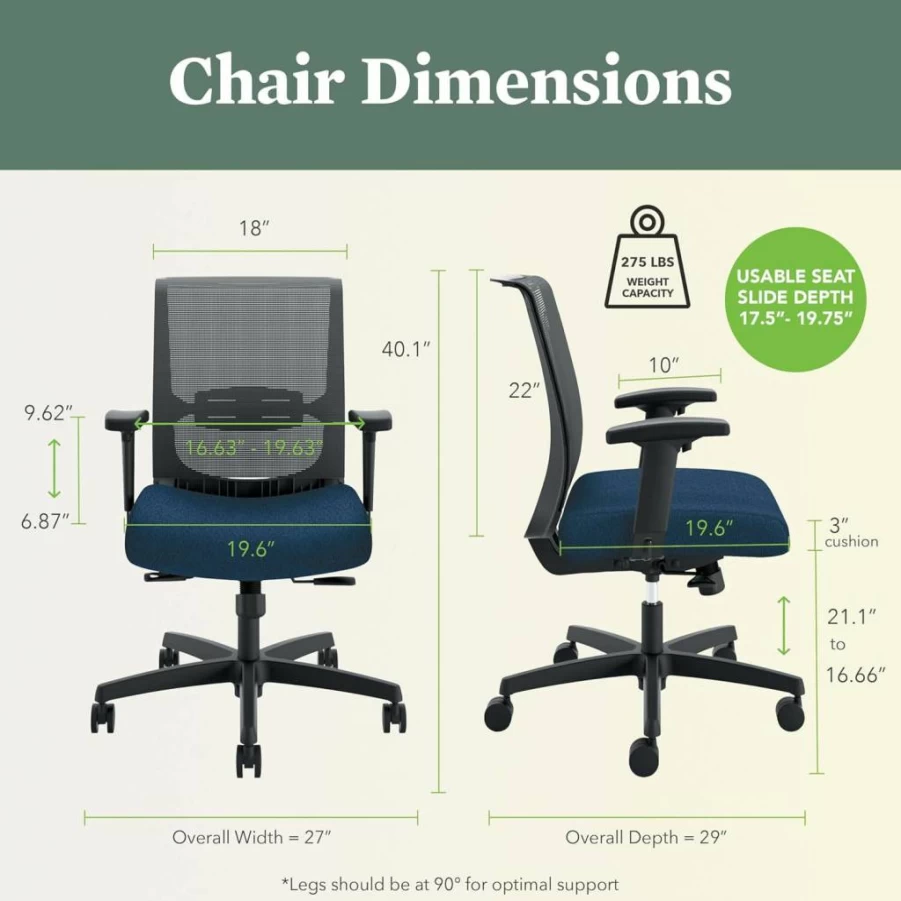 HON Convergence Ergonomic Mesh Office Chair with Adjustable Arms, Synchro-Tilt Recline, and Wheels for Back Support - Navy Fabric Desk Chair