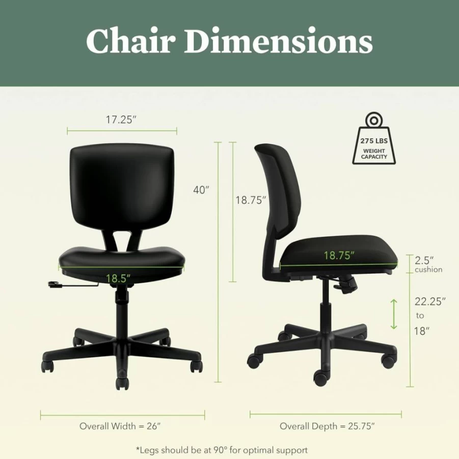 HON Volt Ergonomic Office Chair - Adjustable Leather Desk Chair with Wheels, Synchro Tilt & Recline, Armless Design, Black